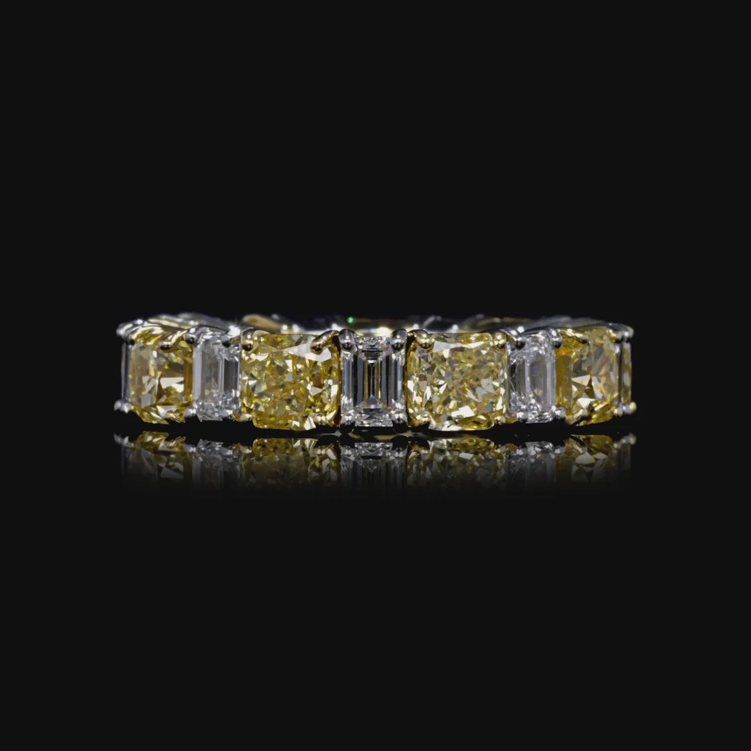 7.12 CT. Alternating Cushion Cut Fancy Intense Yellow Diamond and Emerald Cut Diamond Ring in 18K Yellow Gold and Platinum