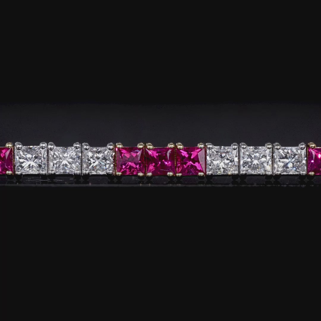 10.48 CT. Princess Cut Ruby and Diamond Tennis Bracelet in 14K White Gold and Yellow Gold