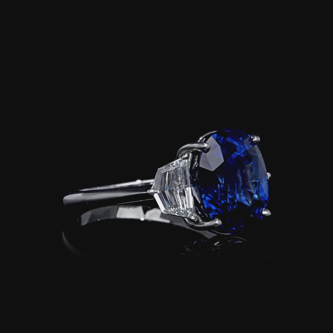 8.93 CT. Oval Cut Blue Sapphire and Half Moon Diamond Three Stone Ring in Platinum