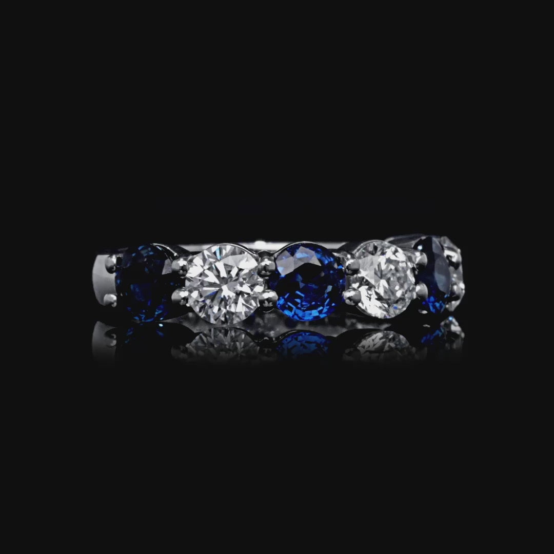 2.9 CT. Alternating Round Brilliant Blue Sapphire and Diamond Halfway Ring in Platinum