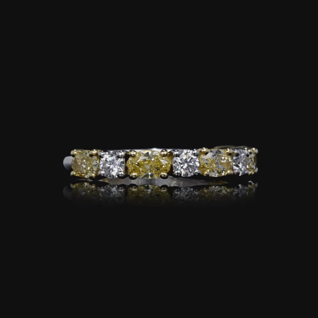 1.34 CT. Alternating Oval Cut Fancy Yellow Diamond and Round Brilliant Diamond Ring in 18K Yellow Gold and Platinum