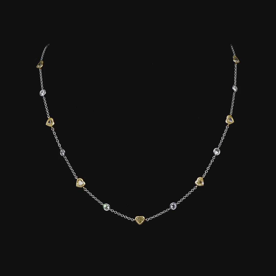 5.82 CT. Heart Shape Fancy Yellow Diamond and Round Brilliant Diamond Necklace in 18K White Gold and Yellow Gold