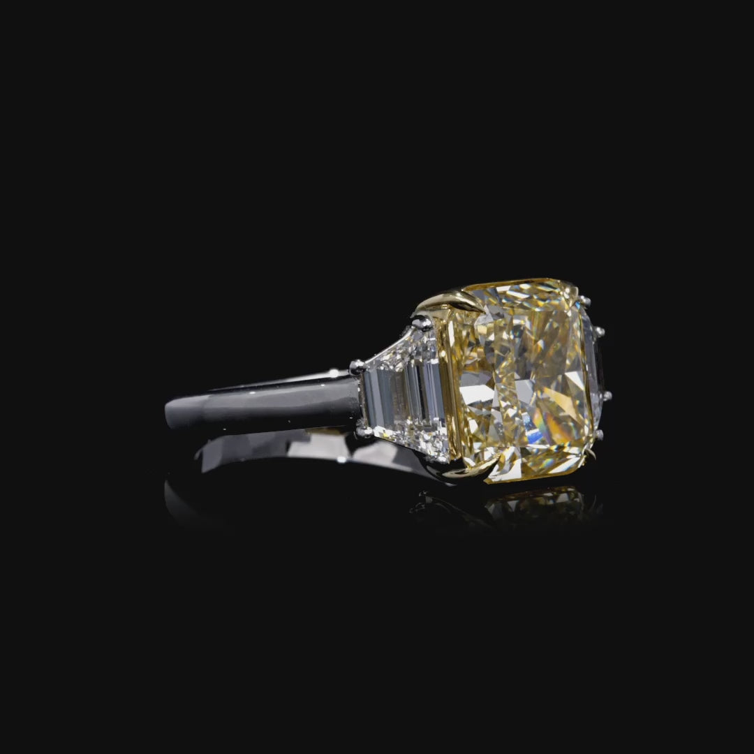 4.89 CT. Radiant Cut WX Yellow Diamond and Trapezoid Diamond Three Stone Ring in 18K Yellow Gold and Platinum