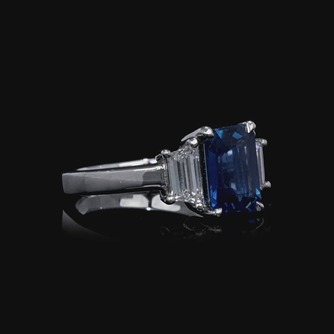 3.44 CT. Emerald Cut Blue Sapphire and Trapezoid Cut Diamond Three Stone Ring in Platinum