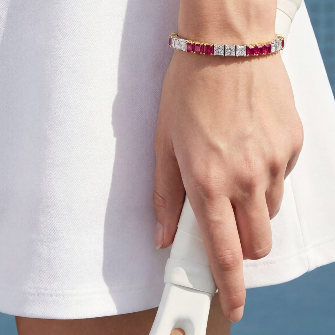 10.48 CT Princess Cut Ruby and Diamond Tennis Bracelet in 14K White Gold and Yellow Gold, worn on model - fine jewelry in San Francisco