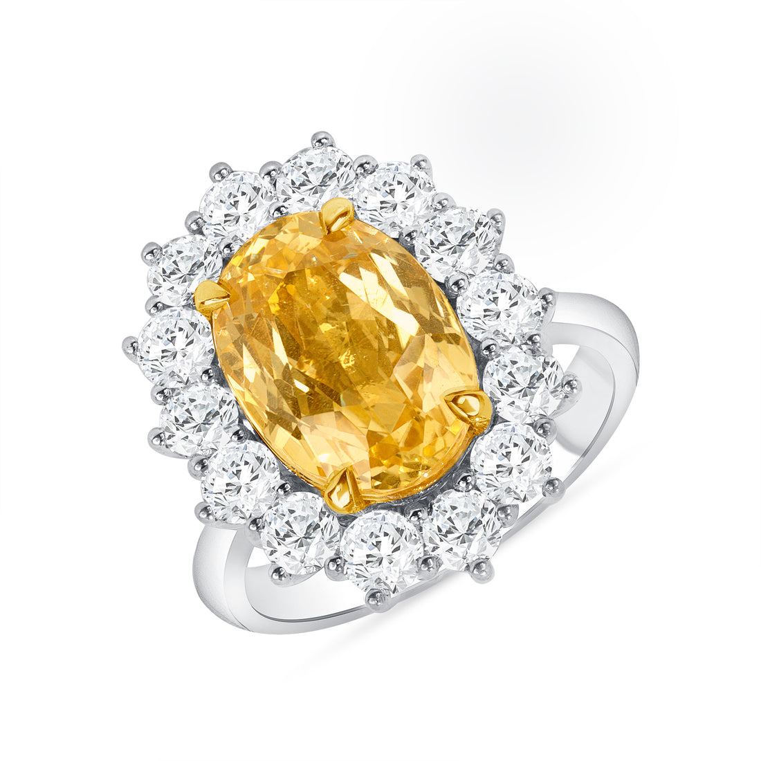 7.86 CT. Oval Yellow Sapphire and Round Brilliant Diamond Ring in Platinum