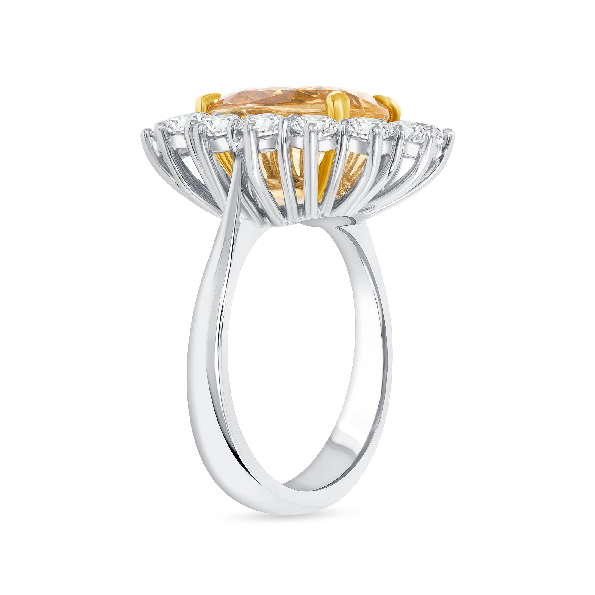 7.86 CT. Oval Yellow Sapphire and Round Brilliant Diamond Ring in Platinum