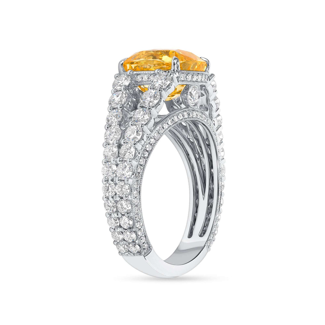 6.39 CT Cushion Cut Yellow Sapphire and Round Brilliant Diamond Ring in 18K White Gold - Pavé Ring