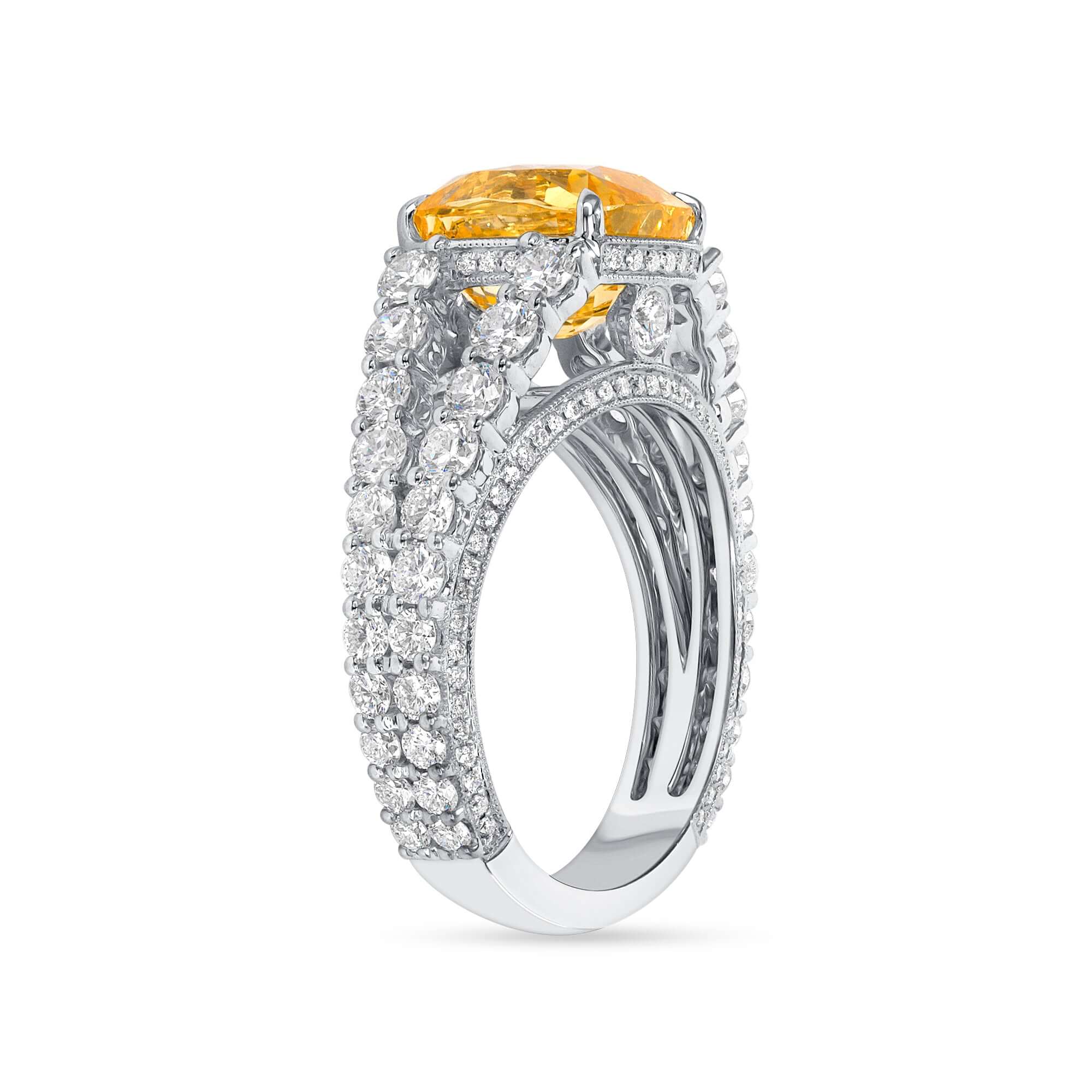 6.39 CT Cushion Cut Yellow Sapphire and Round Brilliant Diamond Ring in 18K White Gold - Pavé Ring