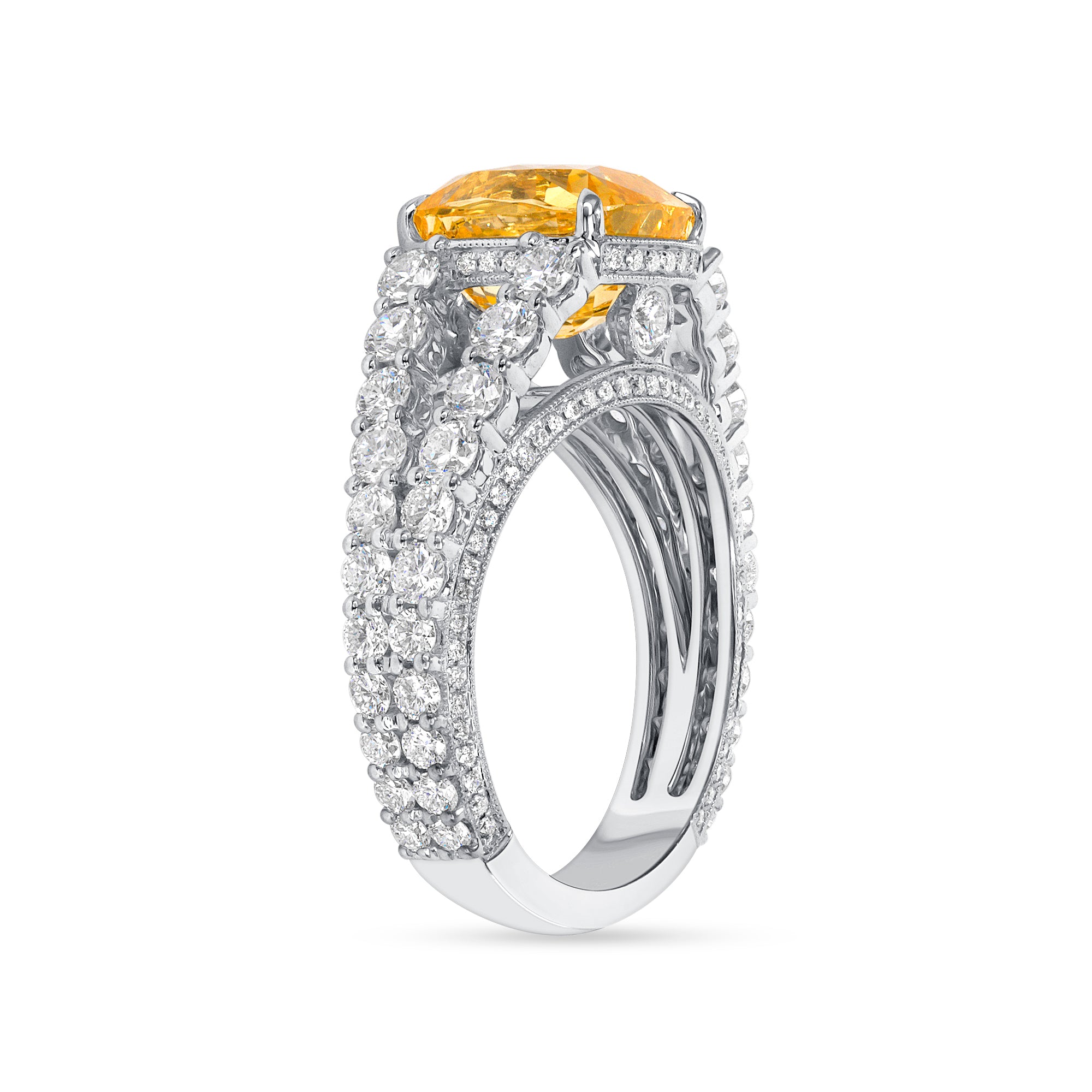 6.39 CT Cushion Cut Yellow Sapphire and Round Brilliant Diamond Ring in 18K White Gold