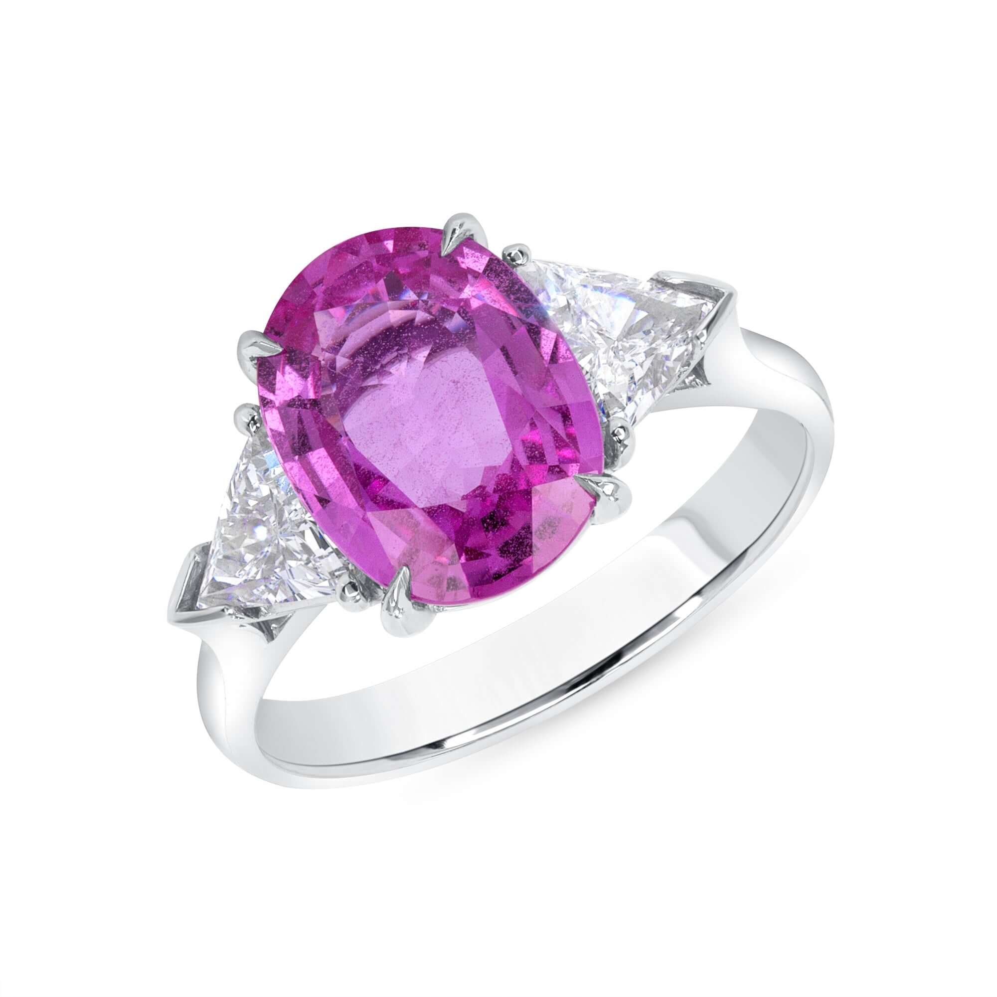 3.82 CT. Oval Cut Pink Sapphire and Triangle Cut Diamond Three Stone Ring in Platinum - Three Stone Ring