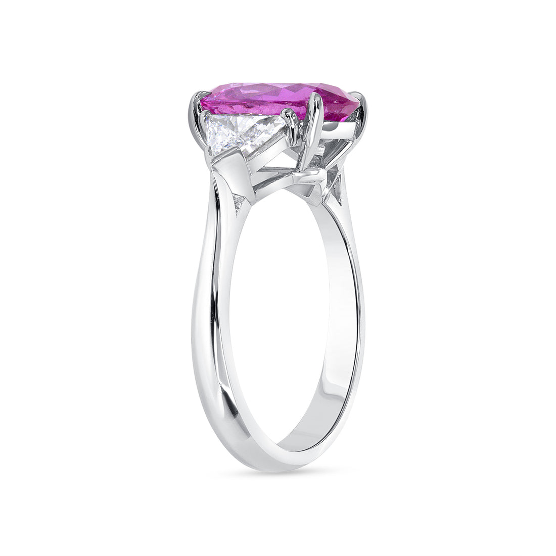 3.82 CT. Oval Cut Pink Sapphire and Triangle Cut Diamond Three Stone Ring in Platinum