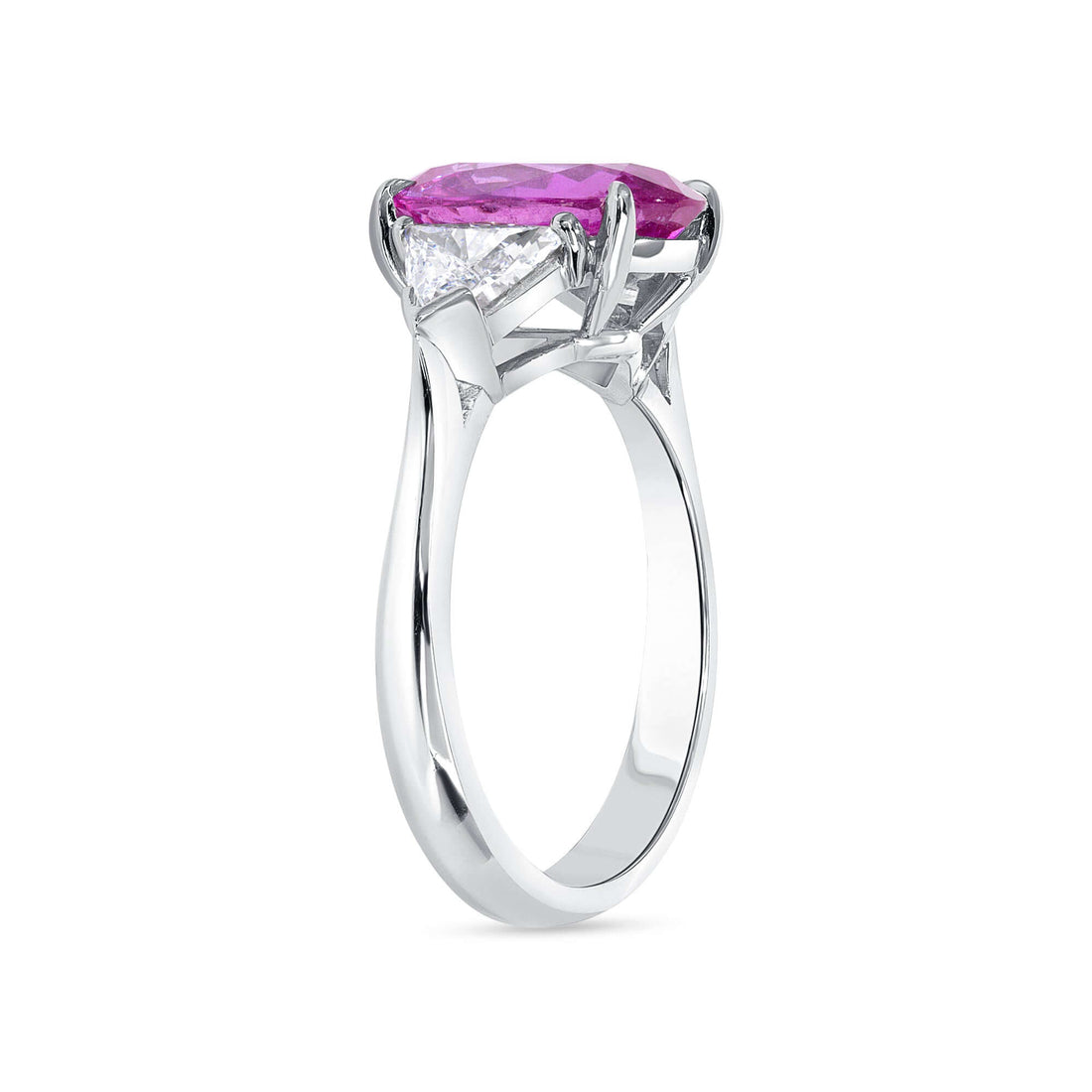 3.82 CT. Oval Cut Pink Sapphire and Triangle Cut Diamond Three Stone Ring in Platinum - Three Stone Ring