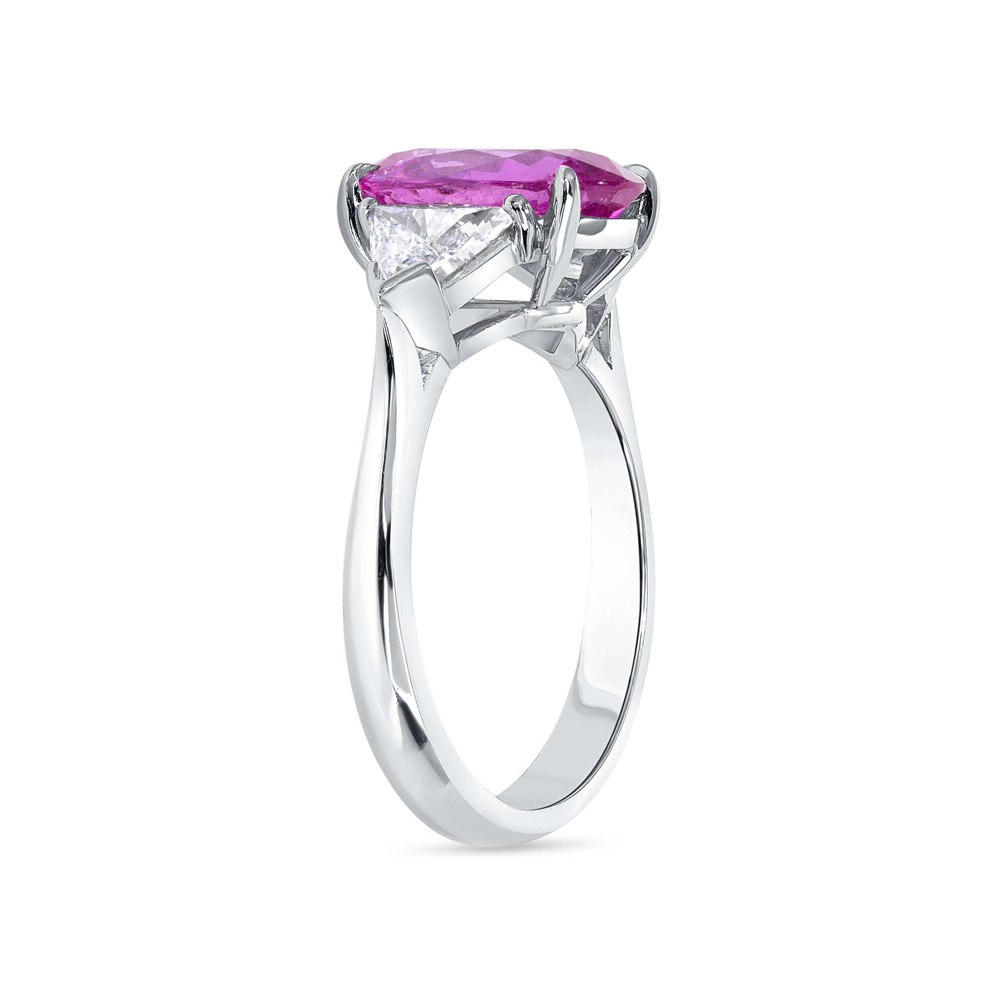 3.82 CT. Oval Cut Pink Sapphire and Triangle Cut Diamond Three Stone Ring in Platinum - Three Stone Ring