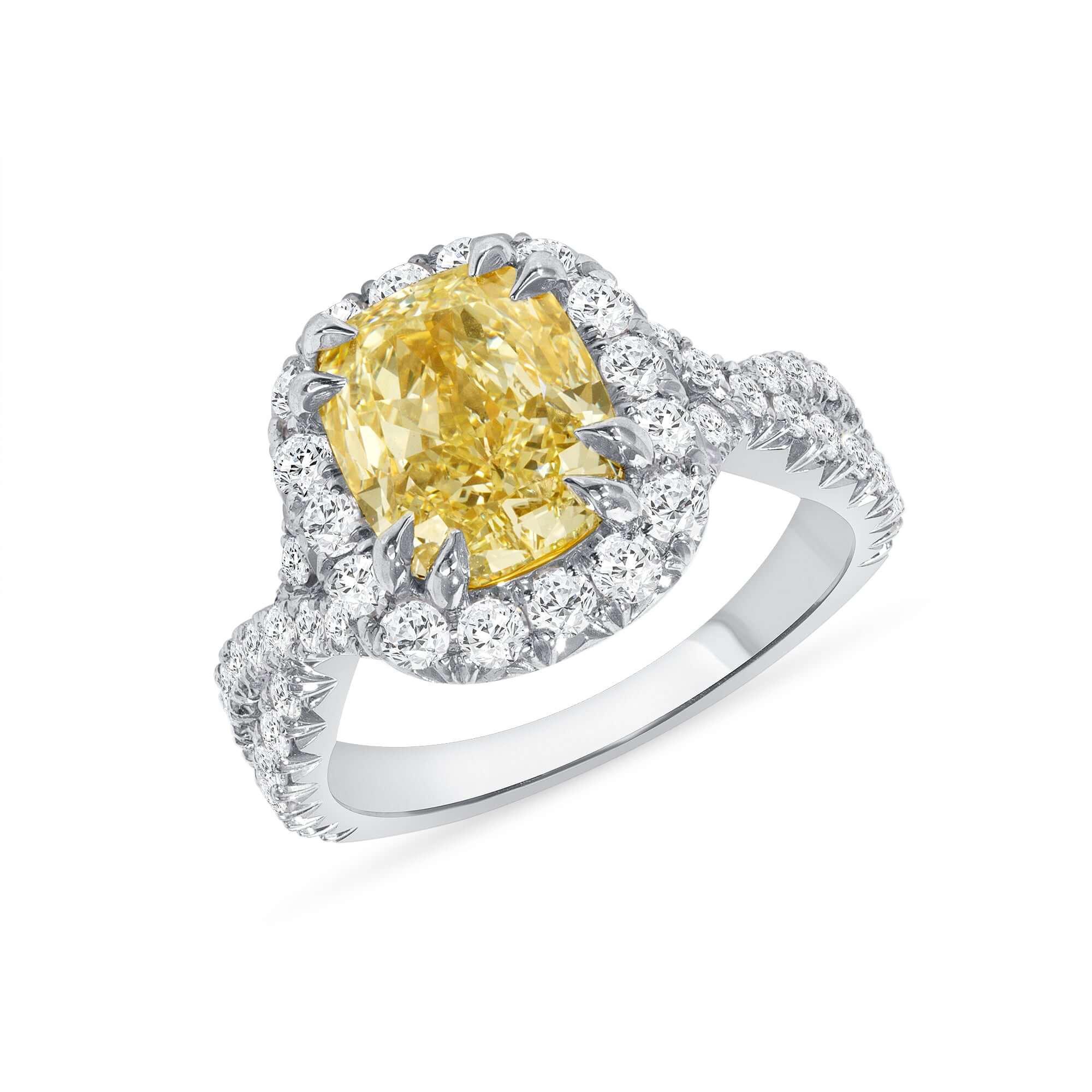4.17 CT. Halo Cushion Cut YZ Yellow Diamond Ring in Platinum - Halo Ring