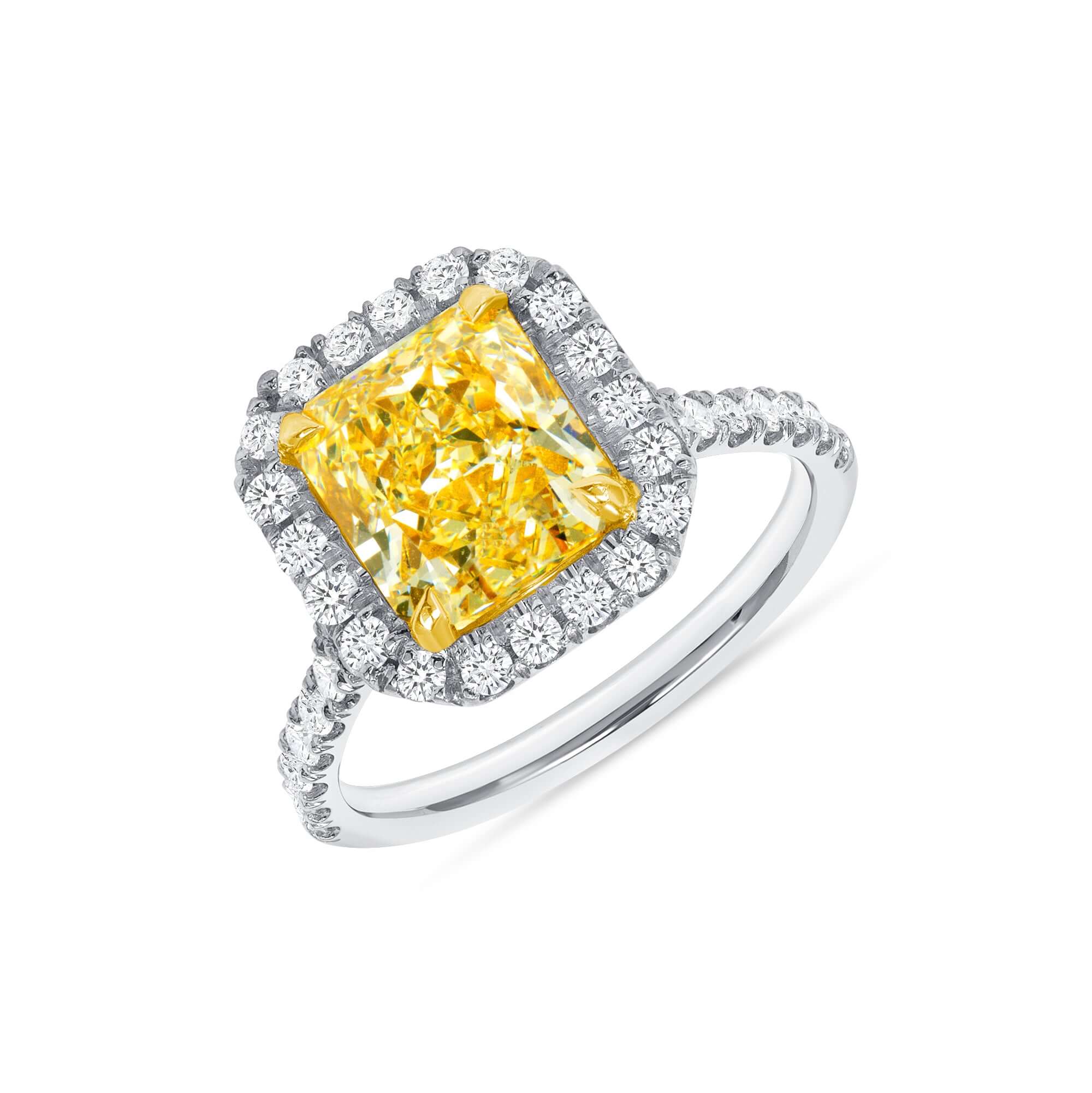 3.64 CT. Halo Radiant Cut YZ Yellow Diamond Ring in Platinum and 18K Yellow Gold - Halo Ring
