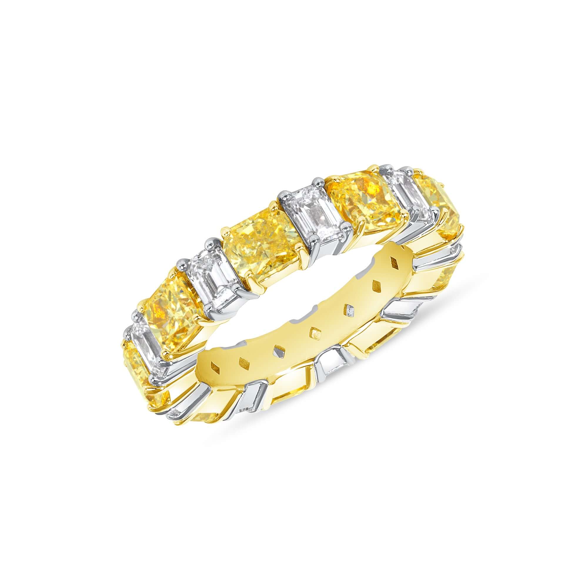 7.12 CT. Alternating Cushion Cut Fancy Intense Yellow Diamond and Emerald Cut Diamond Ring in 18K Yellow Gold and Platinum - Eternity Ring