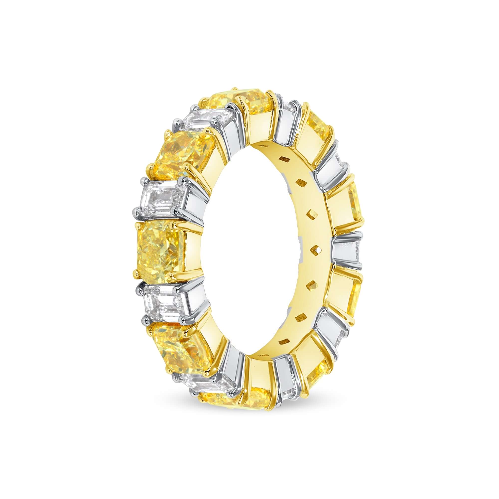 7.12 CT. Alternating Cushion Cut Fancy Intense Yellow Diamond and Emerald Cut Diamond Ring in 18K Yellow Gold and Platinum - Eternity Ring