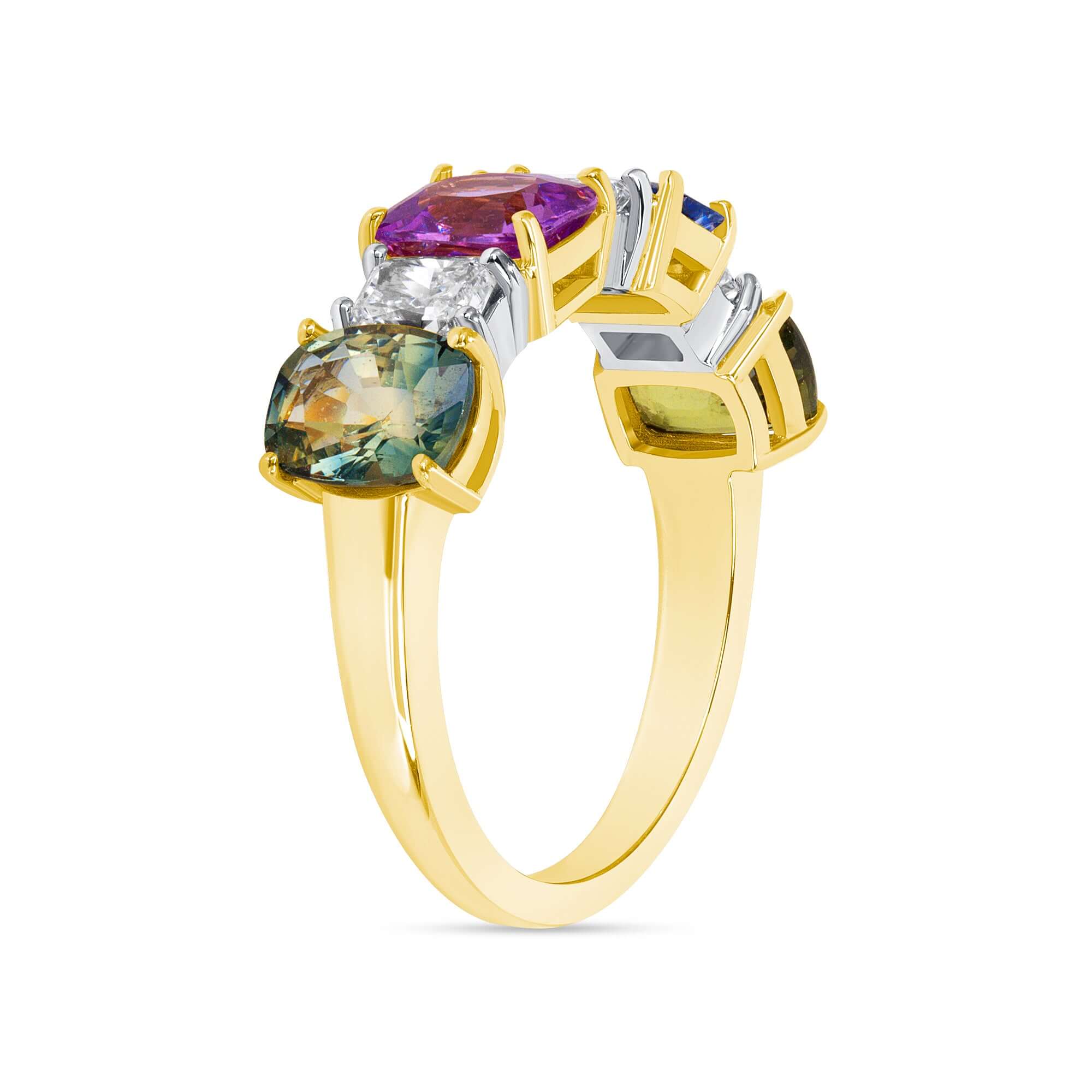 4.06 CT. Multi-Color Sapphire and Radiant Cut Diamond Band in 14K White and Yellow Gold - Half Eternity Ring