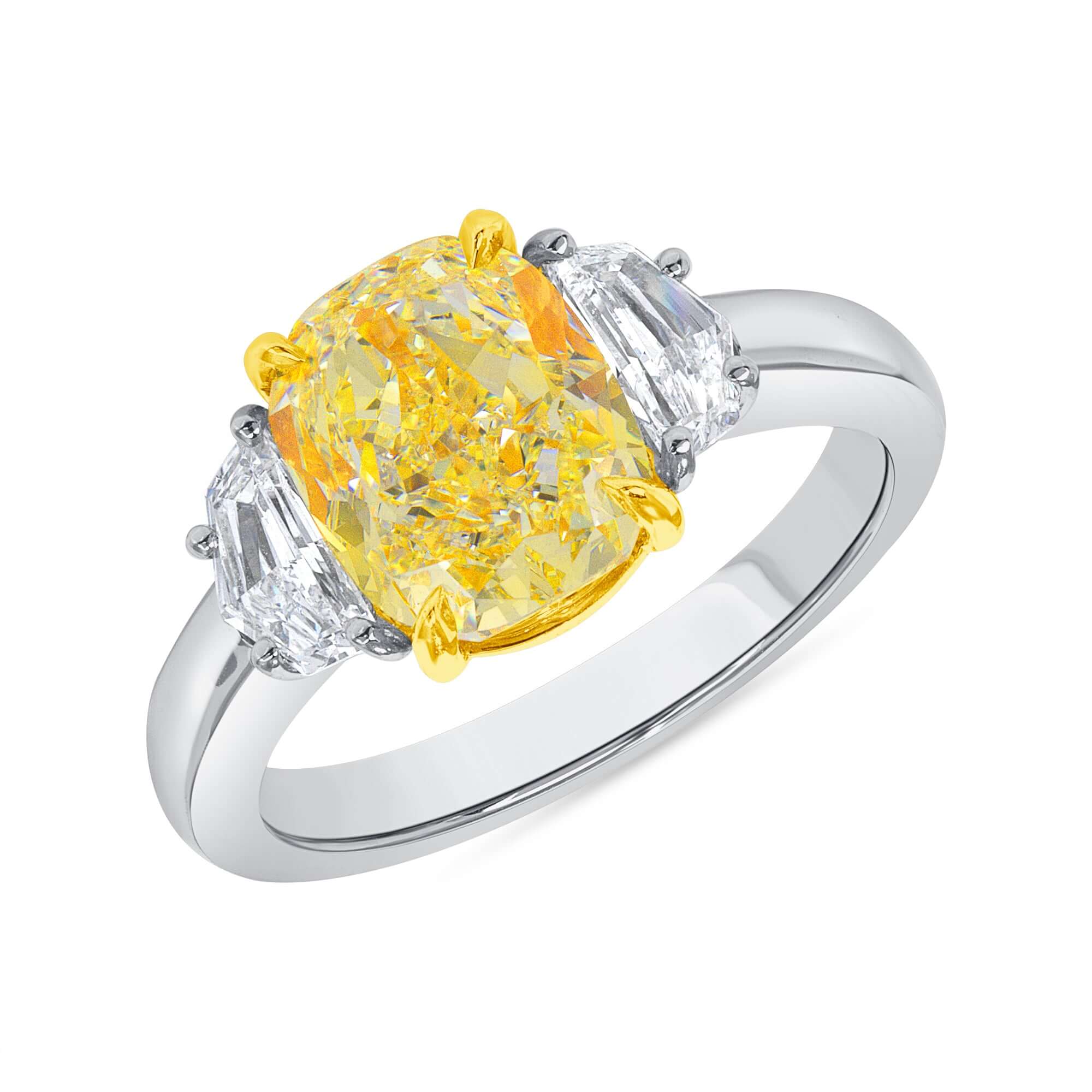 3.61 CT. Cushion Cut YZ Yellow Diamond Three Stone Ring in Platinum - Three Stone Ring