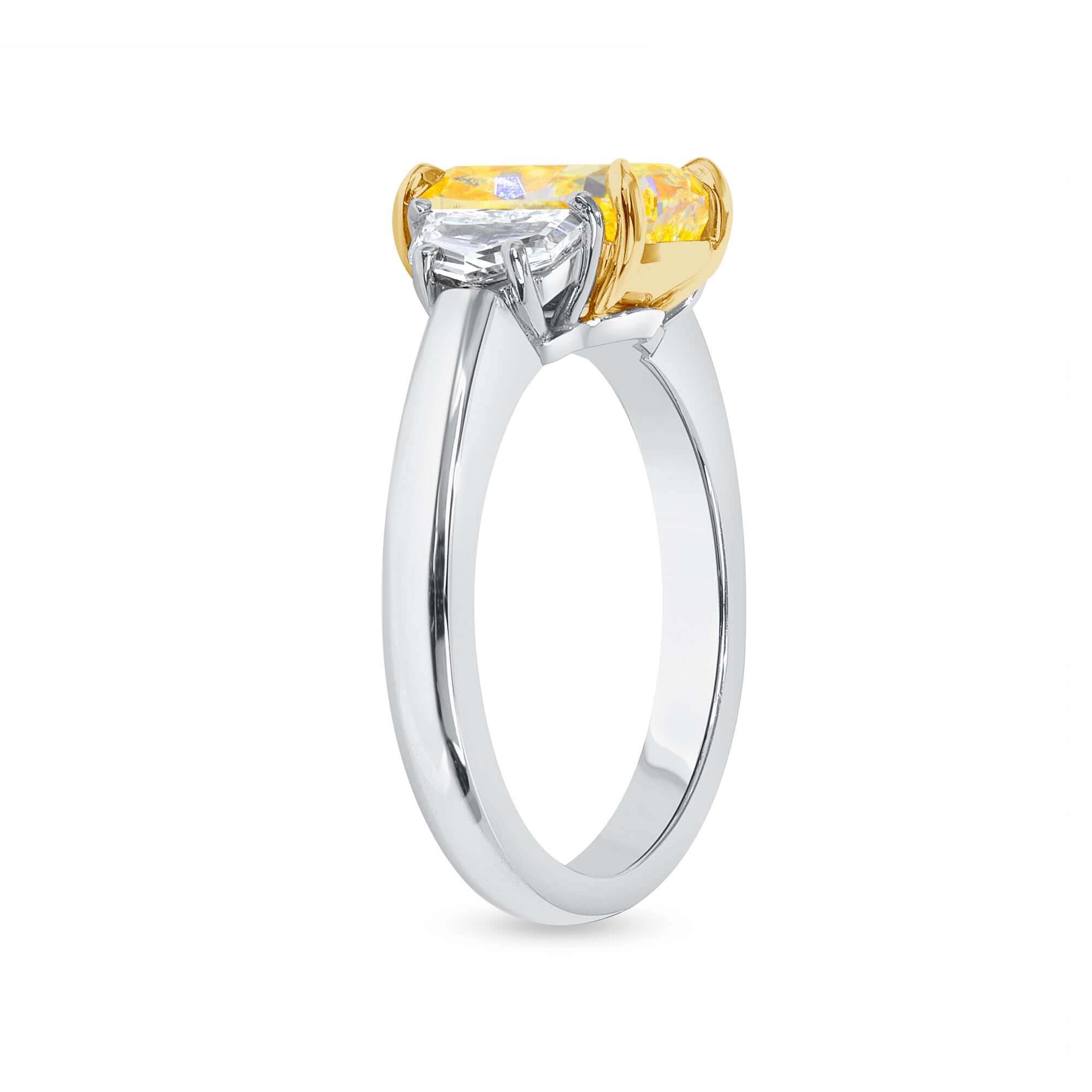 3.61 CT. Cushion Cut YZ Yellow Diamond Three Stone Ring in Platinum - Three Stone Ring