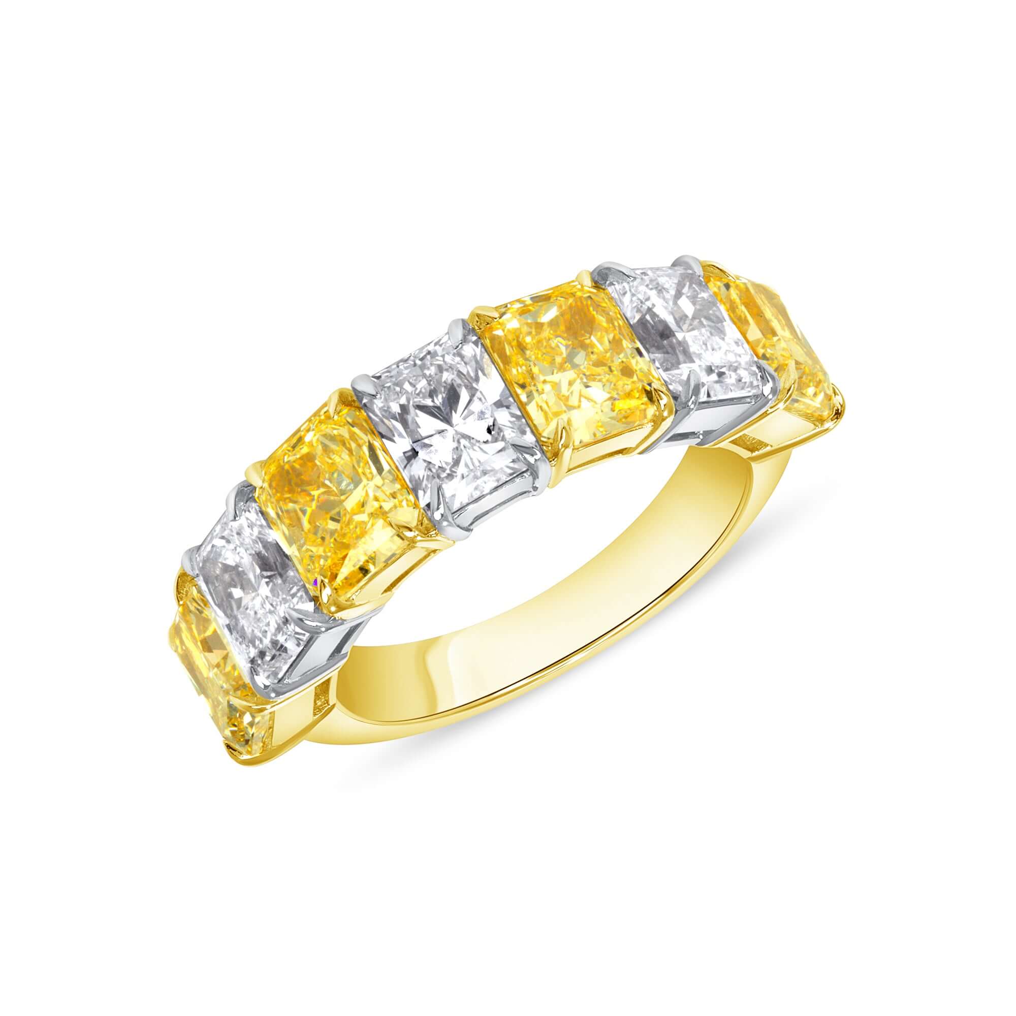 6.20 CT. Fancy Light Yellow Diamond and Radiant Cut Diamond Half Eternity Band in 18K Yellow Gold and Platinum - Half Eternity Ring