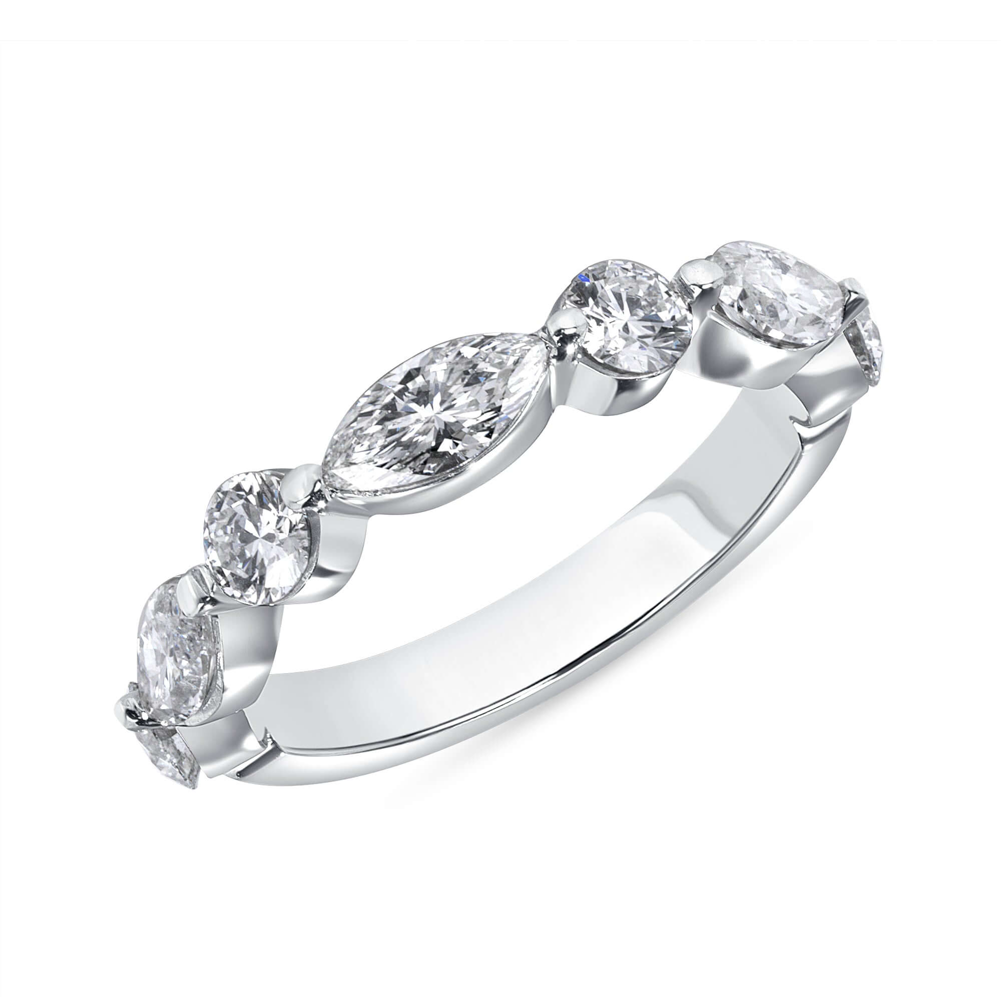 1.32 CT. Alternating Round Brilliant and Marquise Cut Diamond Half Eternity Band in Platinum - Half Eternity Ring