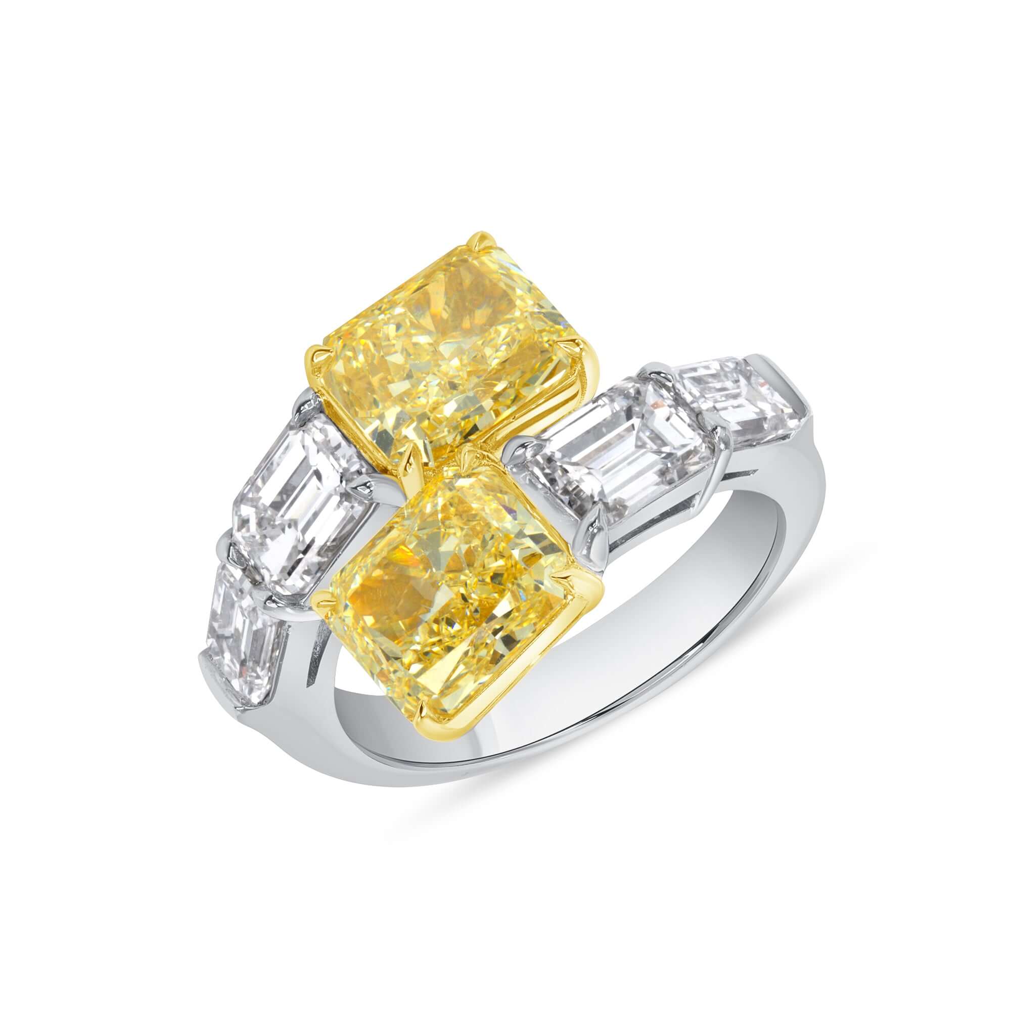 6.51 CT. Radiant Cut YZ Yellow Diamond and Emerald Cut Diamond Bypass Ring in Platinum and 18K Yellow Gold - Fashion Ring