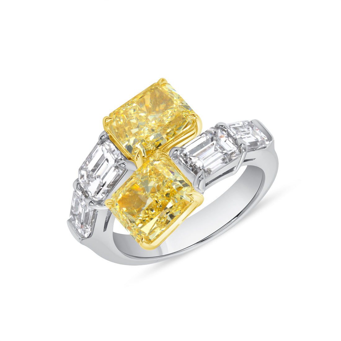 6.51 CT. Radiant Cut YZ Yellow Diamond and Emerald Cut Diamond Bypass Ring in Platinum and 18K Yellow Gold