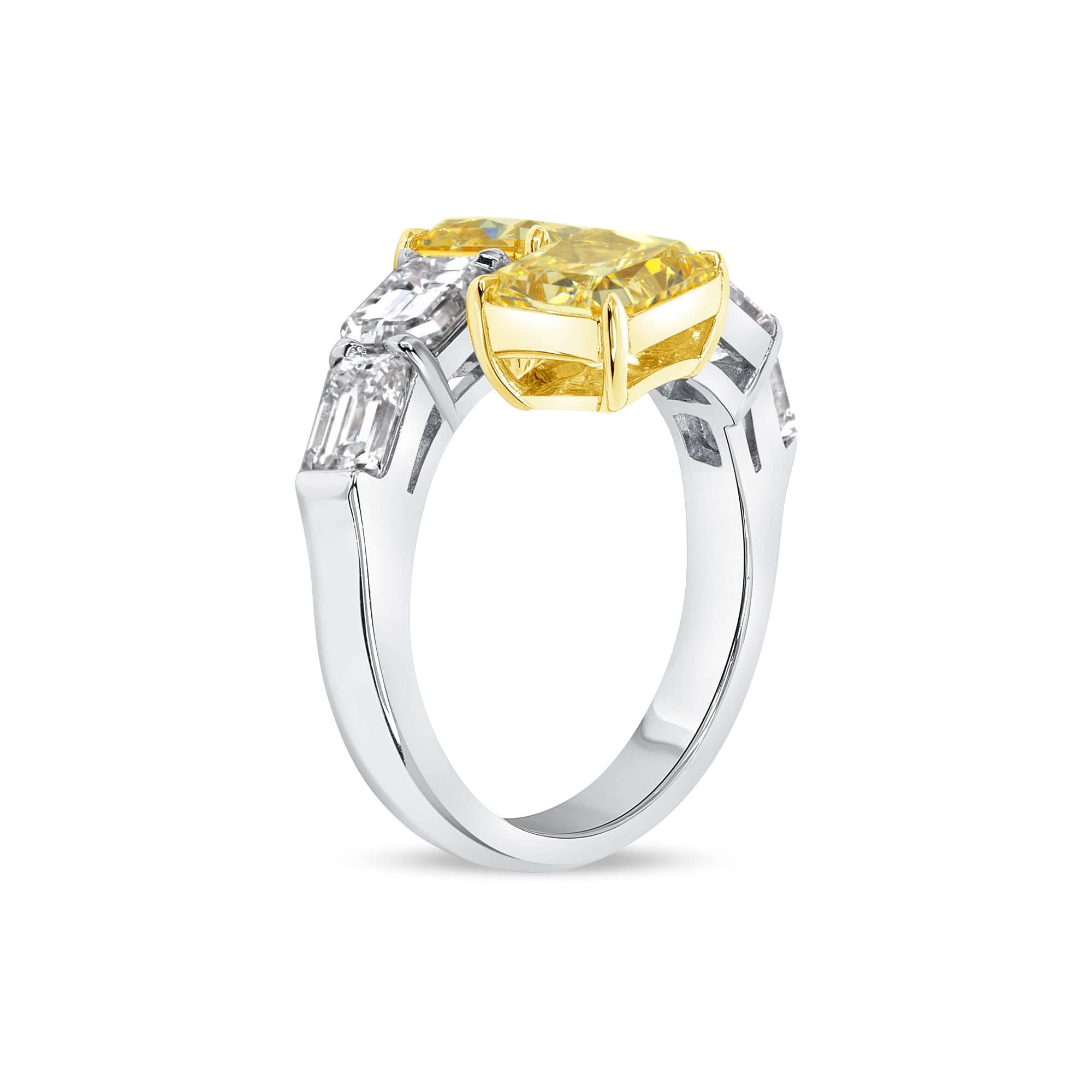 6.51 CT. Radiant Cut YZ Yellow Diamond and Emerald Cut Diamond Bypass Ring in Platinum and 18K Yellow Gold - Fashion Ring