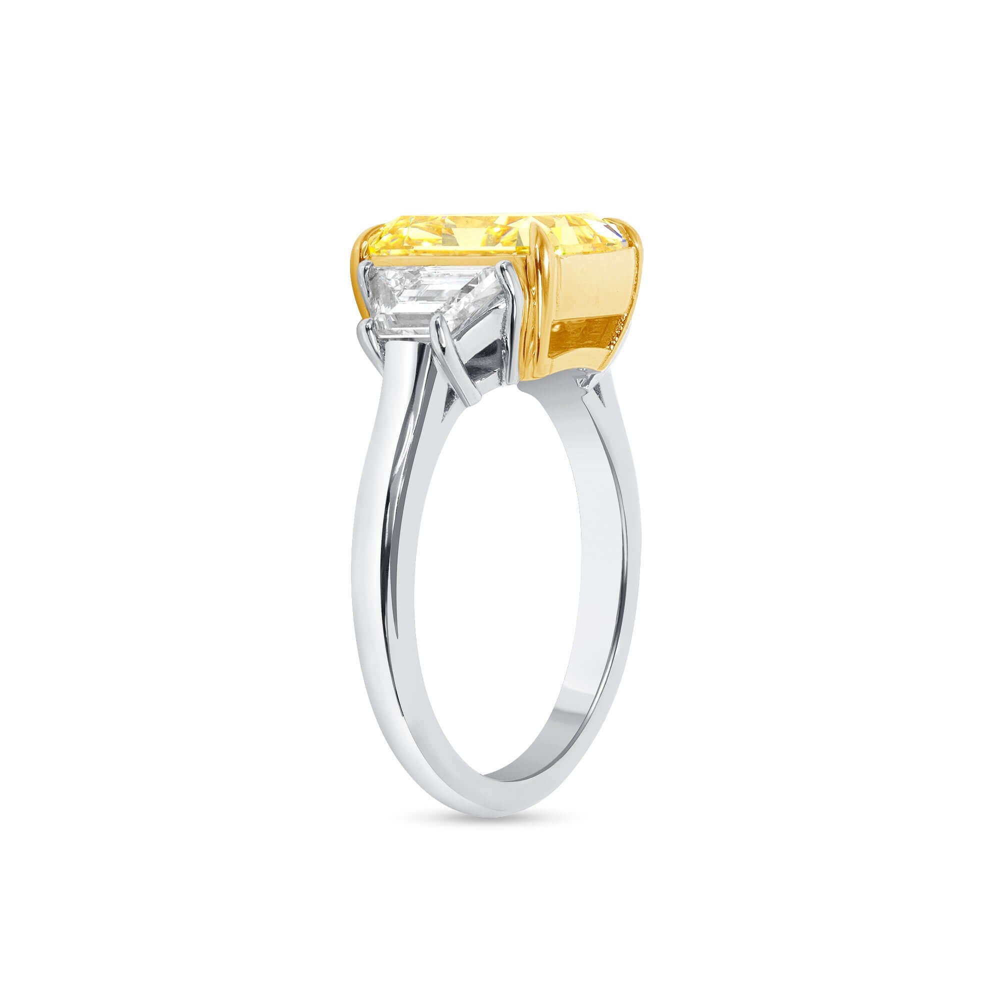 4.89 CT. Radiant Cut WX Yellow Diamond and Trapezoid Diamond Three Stone Ring in 18K Yellow Gold and Platinum - Three Stone Ring