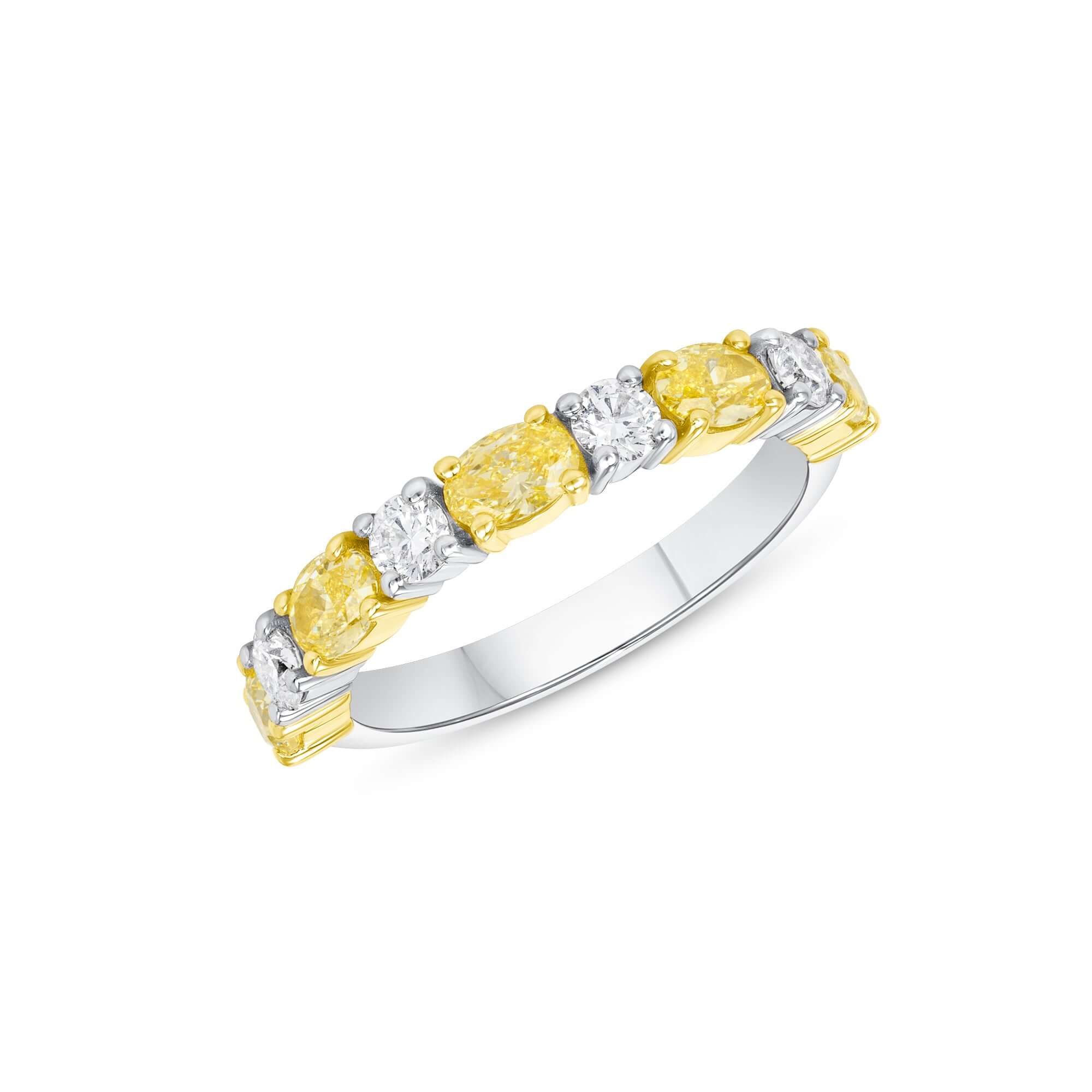 1.34 CT. Alternating Oval Cut Fancy Yellow Diamond and Round Brilliant Diamond Ring in 18K Yellow Gold and Platinum - Half Eternity Ring