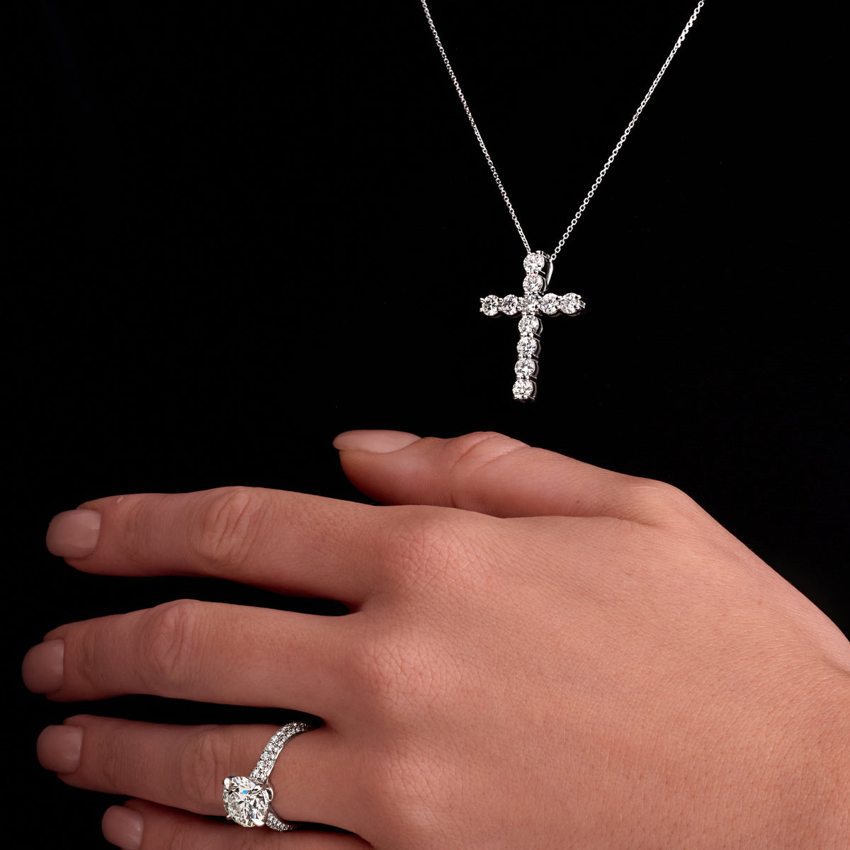 2.59 CT. Round Brilliant Diamond Cross Pendant Necklace in 14K White Gold - worn on model
