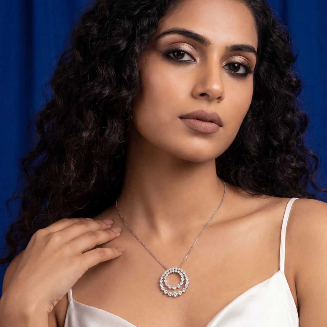 2.26 CT Round Brilliant Diamond Double Hoop Pendant Necklace in 14K White Gold, worn on model - fine jewelry in San Francisco