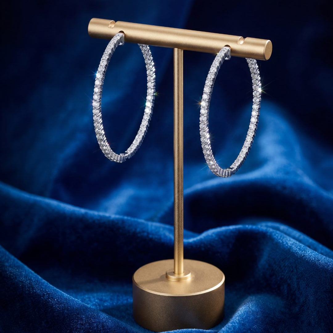3.48 CT Round Brilliant Diamond Hoop Earrings in 14K White Gold, worn on model, view 1 - fine jewelry in San Francisco