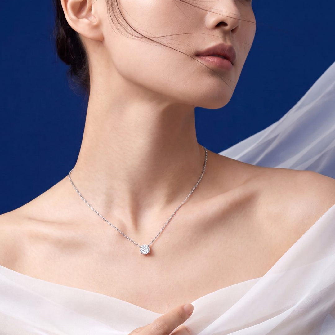 1.02 CT Round Brilliant Diamond Pendant Necklace in 14K White Gold, worn on model - fine jewelry in San Francisco