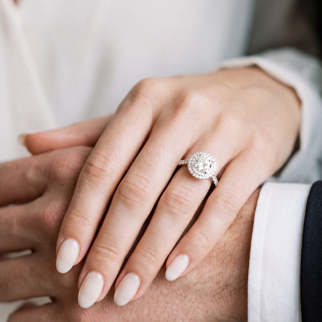 2.23 CT Round Brilliant & Double Halo Diamond Ring with Pavé Band in Platinum, worn on model - fine jewelry in San Francisco