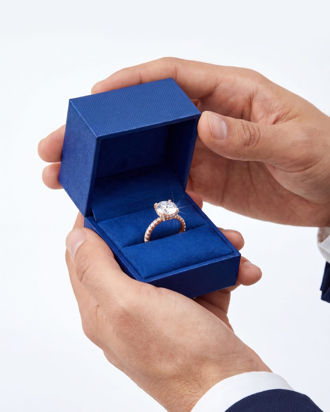 3.03 CT Round Brilliant & Hidden Halo Diamond Ring with Pavé Band in 14K Rose Gold, worn on model - fine jewelry in San Francisco