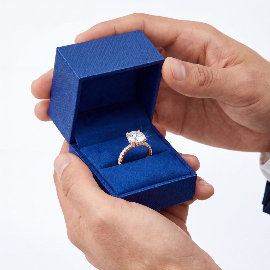 3.03 CT Round Brilliant & Hidden Halo Diamond Ring with Pavé Band in 14K Rose Gold, worn on model - fine jewelry in San Francisco