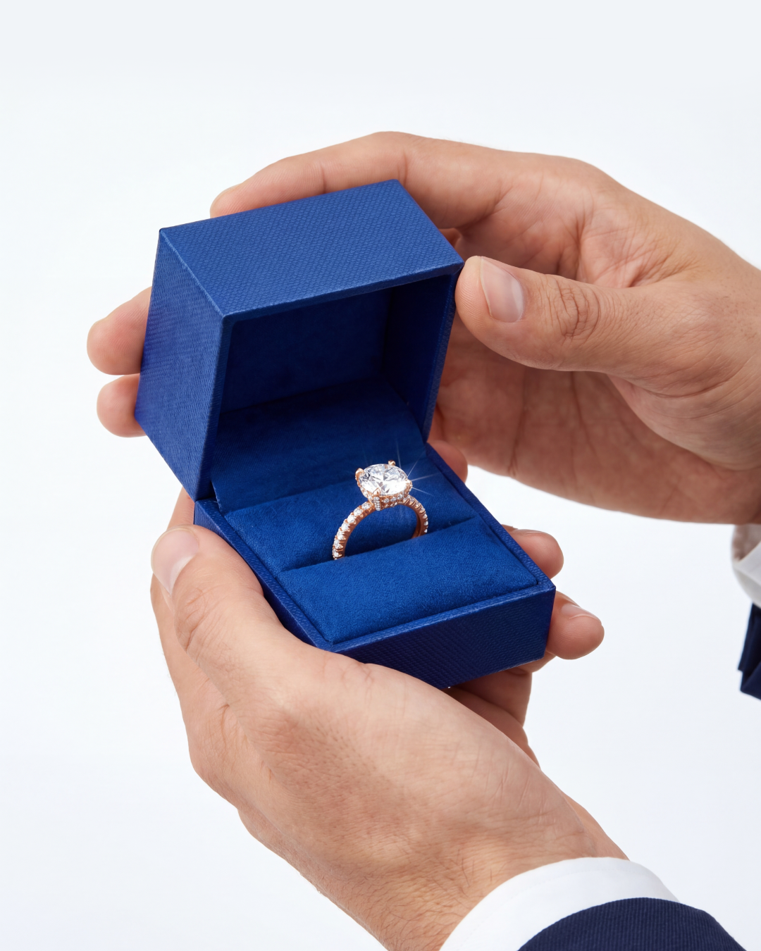 3.03 CT Round Brilliant & Hidden Halo Diamond Ring with Pavé Band in 14K Rose Gold, worn on model - fine jewelry in San Francisco