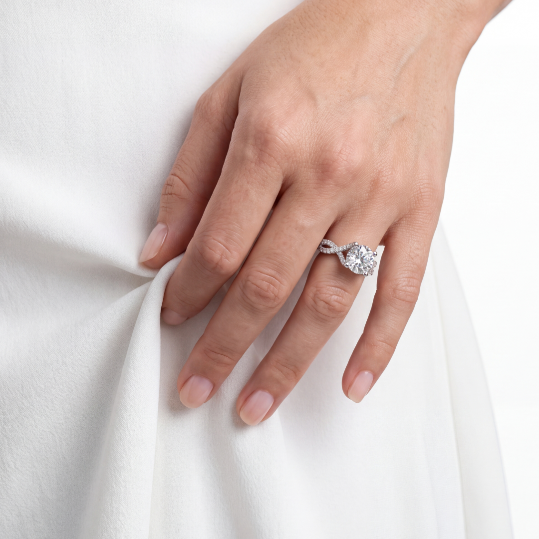 2.60 CT. Round Brilliant and Hidden Halo Diamond Ring with Pave Twisted Band in Platinum - worn on model