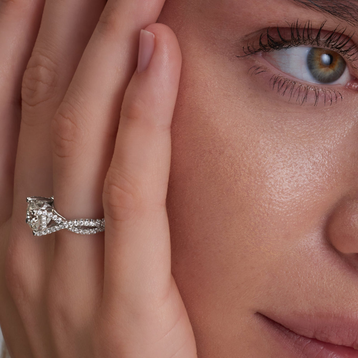 2.60 CT. Round Brilliant and Hidden Halo Diamond Ring with Pave Twisted Band in Platinum - worn on model