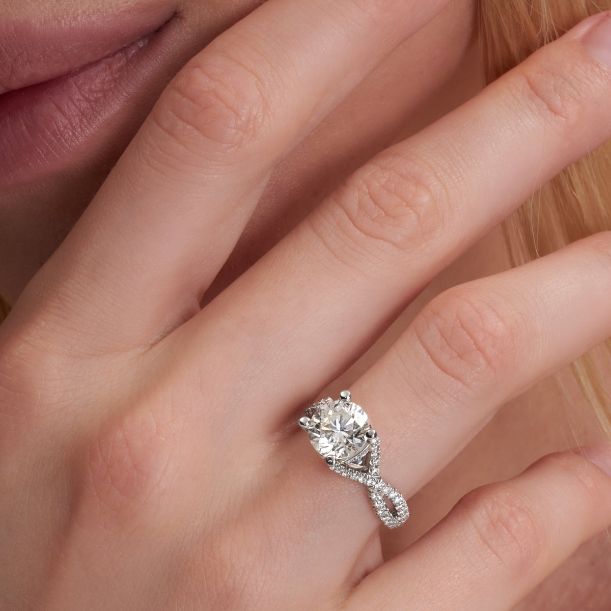 2.60 CT. Round Brilliant and Hidden Halo Diamond Ring with Pave Twisted Band in Platinum - worn on model