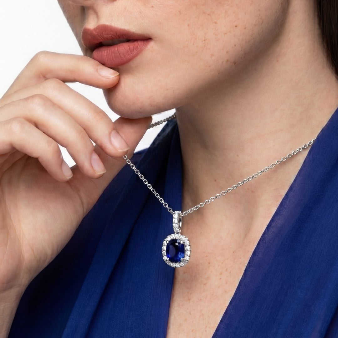 2.22 CT Sapphire and Diamond Cushion Cut Halo Pendant on Chain Necklace, worn on model - fine jewelry in San Francisco