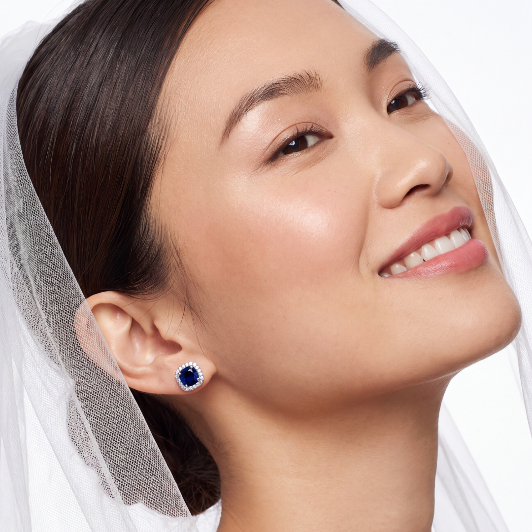 3.58 CT. Sapphire and Diamond Cushion Halo Stud Earrings - worn on model