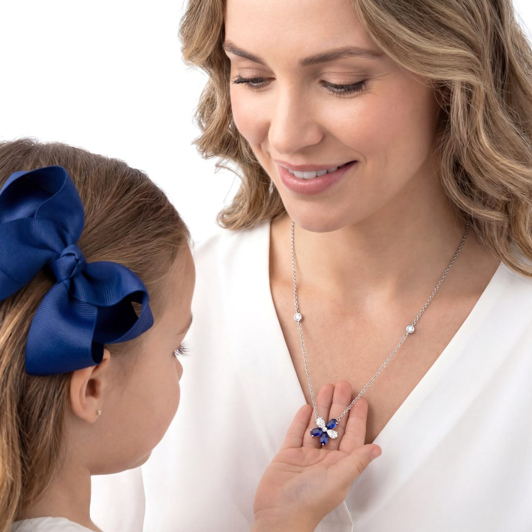 5.36 CT Sapphire and Diamond Floral Cluster Pendant on Sapphire and Diamond Station Chain Necklace, worn on model - fine jewelry in San Francisco