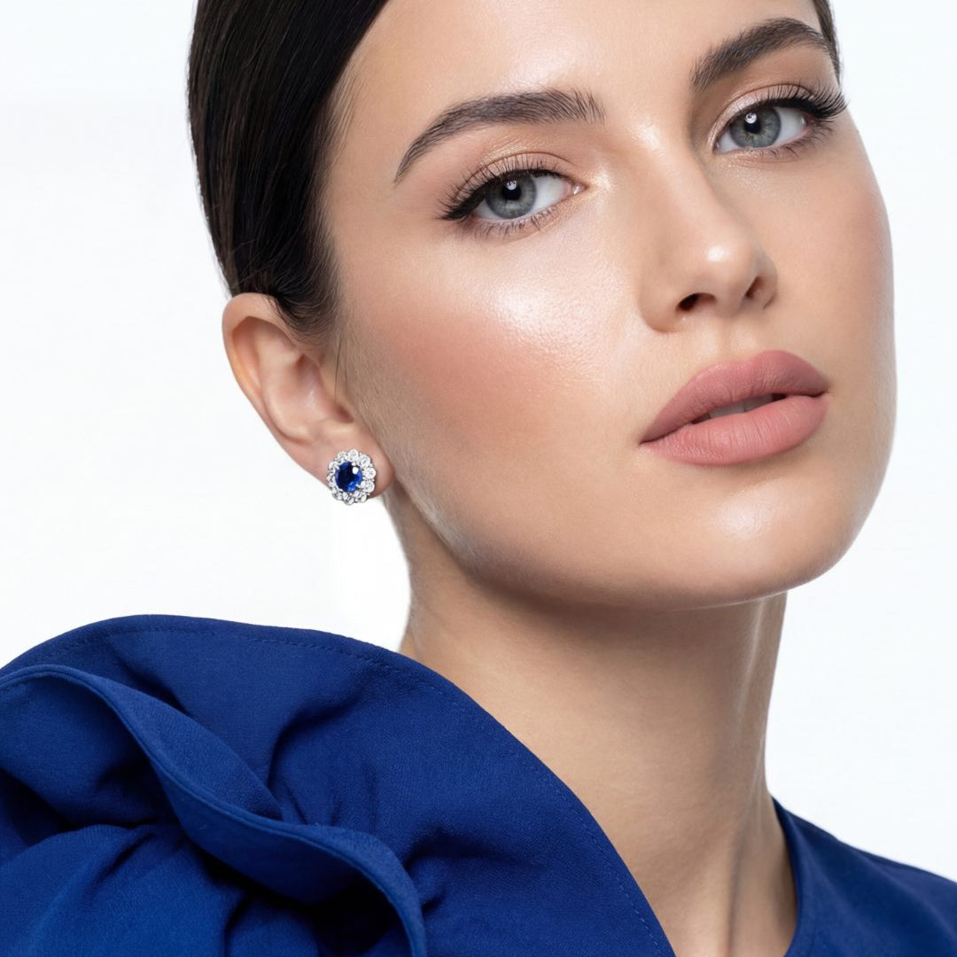 3.78 CT Sapphire & Round Brilliant Diamond Halo Flower Stud Earrings in 14K White Gold, worn on model - fine jewelry in San Francisco