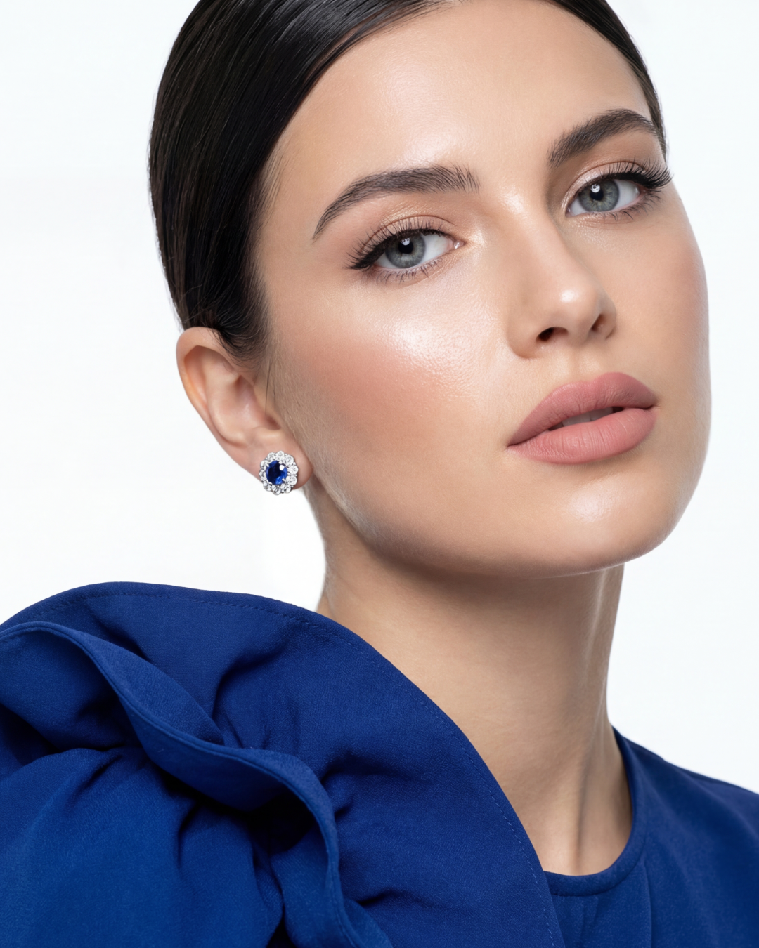 3.78 CT Sapphire & Round Brilliant Diamond Halo Flower Stud Earrings in 14K White Gold, worn on model - fine jewelry in San Francisco