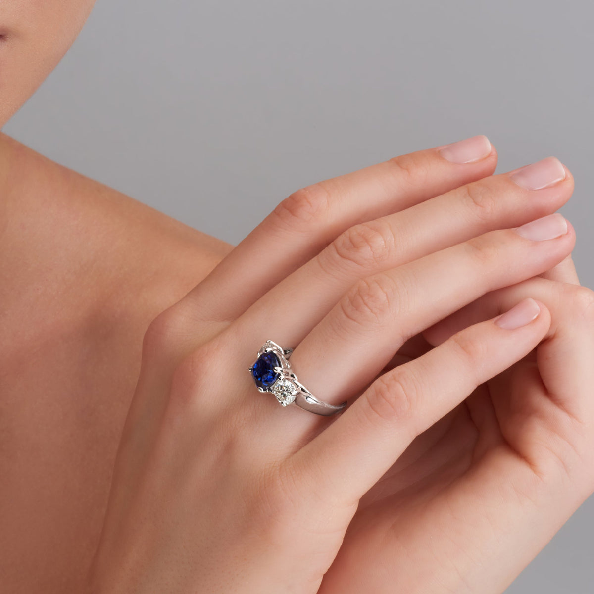5.85 CT. Sapphire and Round Brilliant Diamond Three Stone Ring in Platinum - worn on model