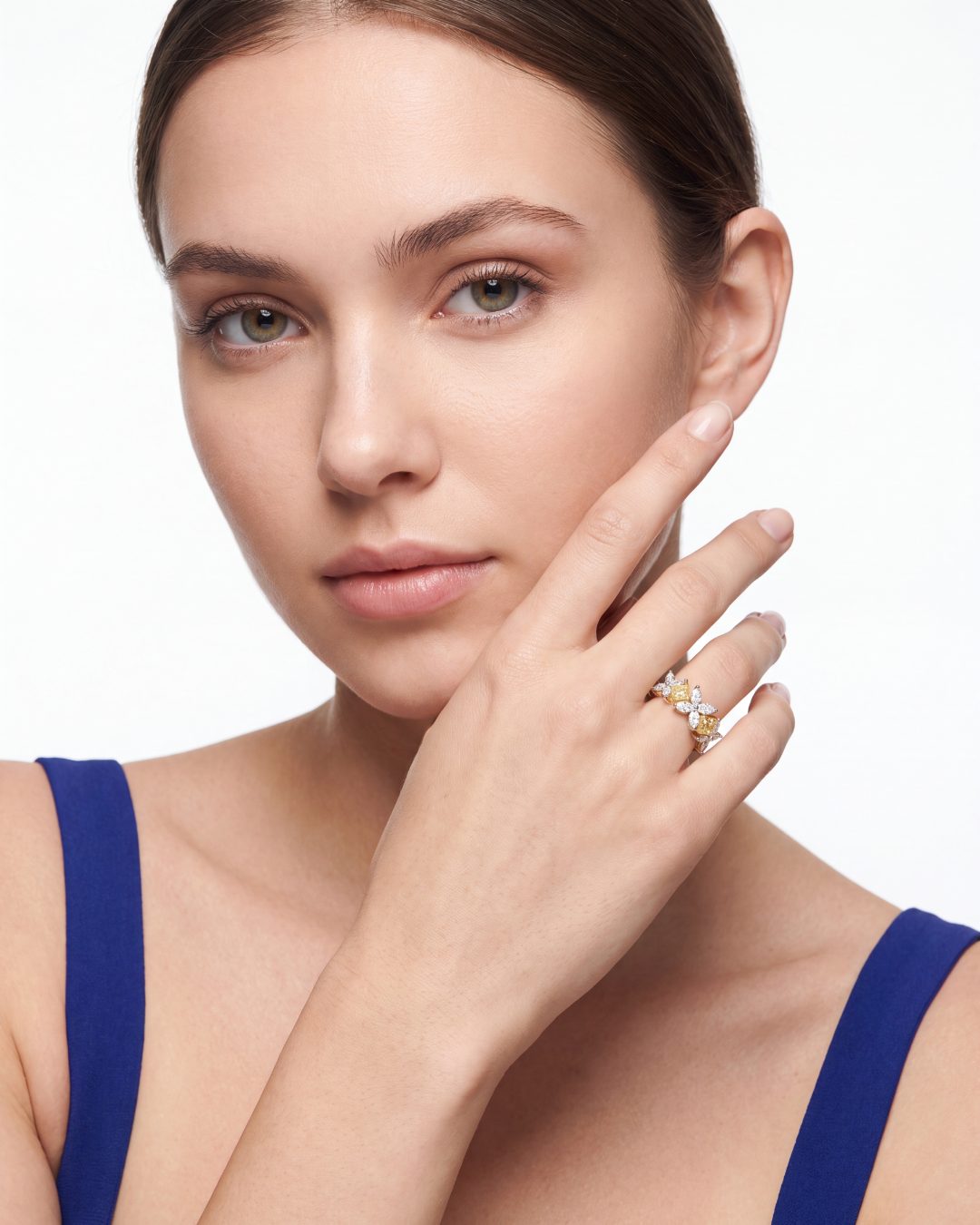 3.46 CT Square Fancy Yellow Diamond and Marquise Diamond Ring in 18K Yellow Gold and Platinum, worn on model - fine jewelry in San Francisco